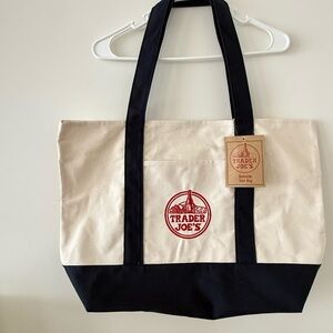 Trader Joe's Canvas Large Tote Bag in Cream and Blue